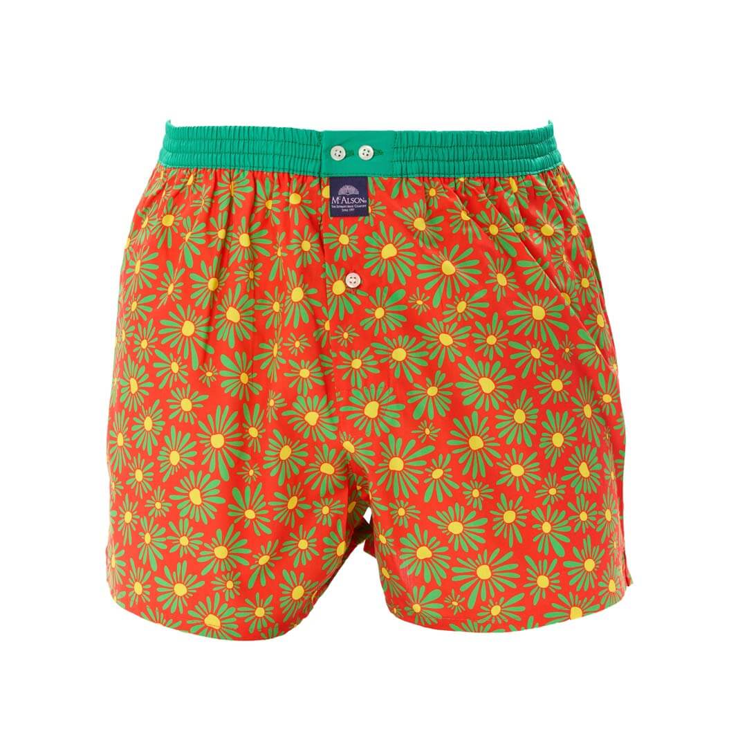 Mc Alson Boxershort met binnenbroek Flower Power Red M5354 rood met vrolijke bloemenprint en groene boord.