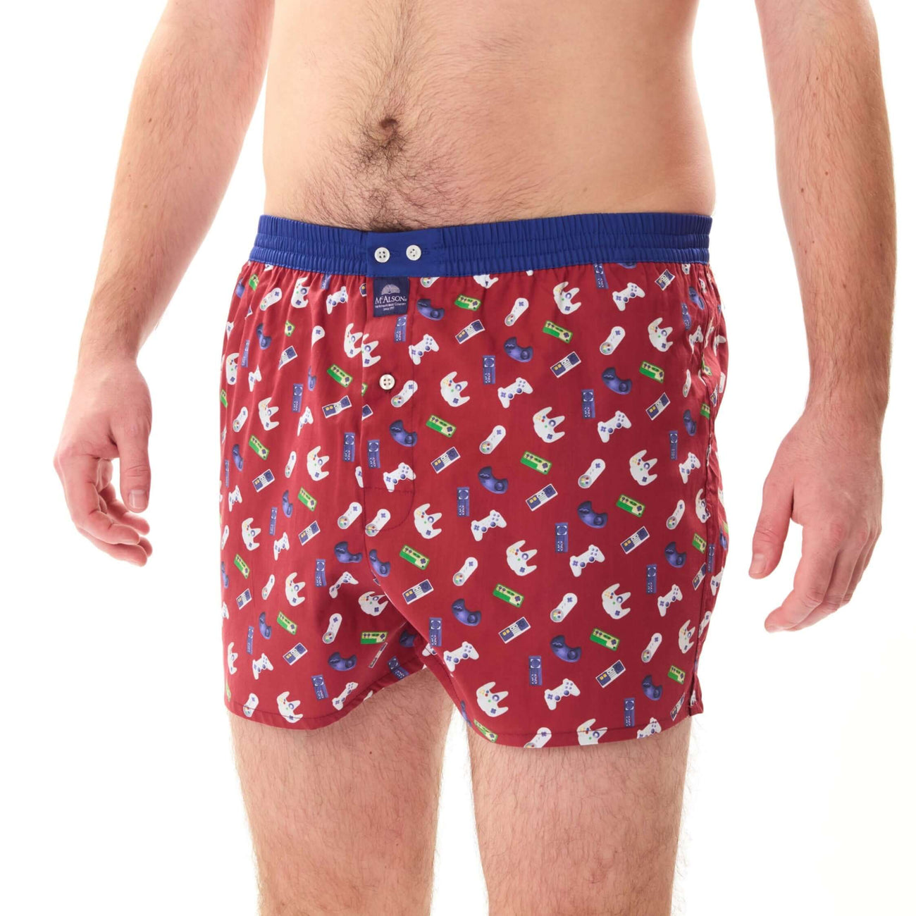 McAlson burgundy boxershort met gameconsole print en donkerblauwe boord voor stijl en comfort.