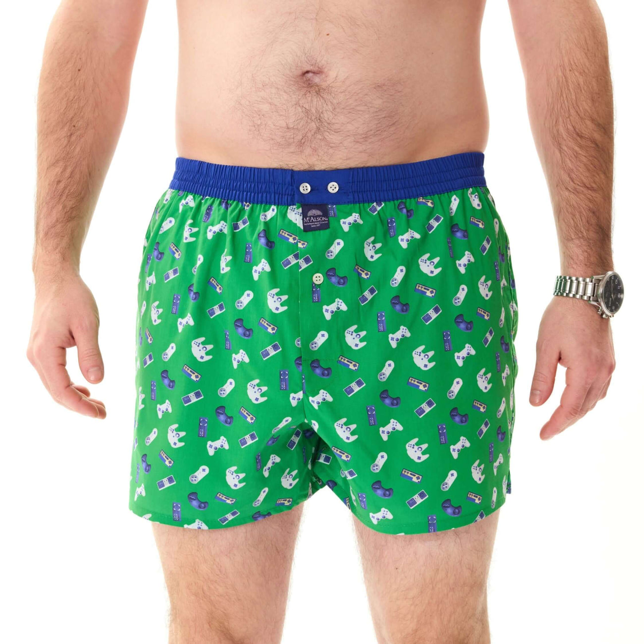 Groene boxershort met gameconsoleprint en donkerblauwe boord voor heren, comfortabel en stijlvol.