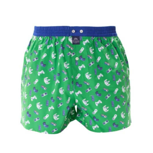 McAlson boxershort in groen met gameconsoleprint en donkerblauwe boord, ideaal voor stijl en comfort.