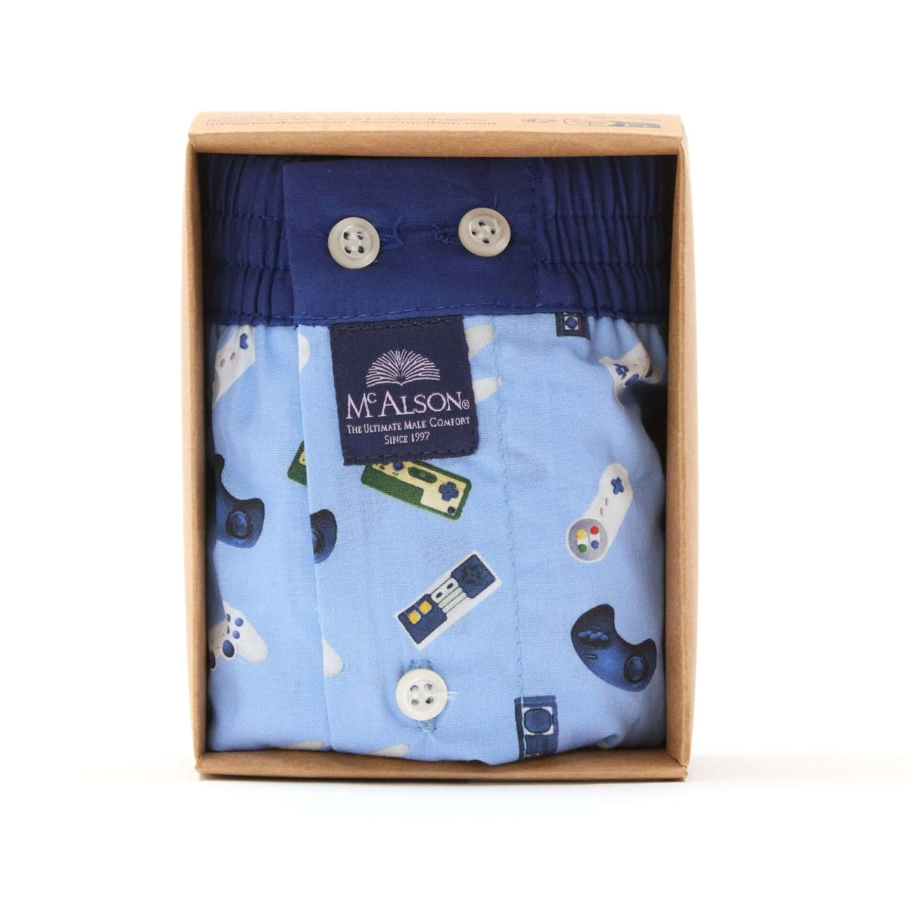 Lichtblauwe McAlson boxershort met gameconsole print en donkerblauwe boord in verpakking
