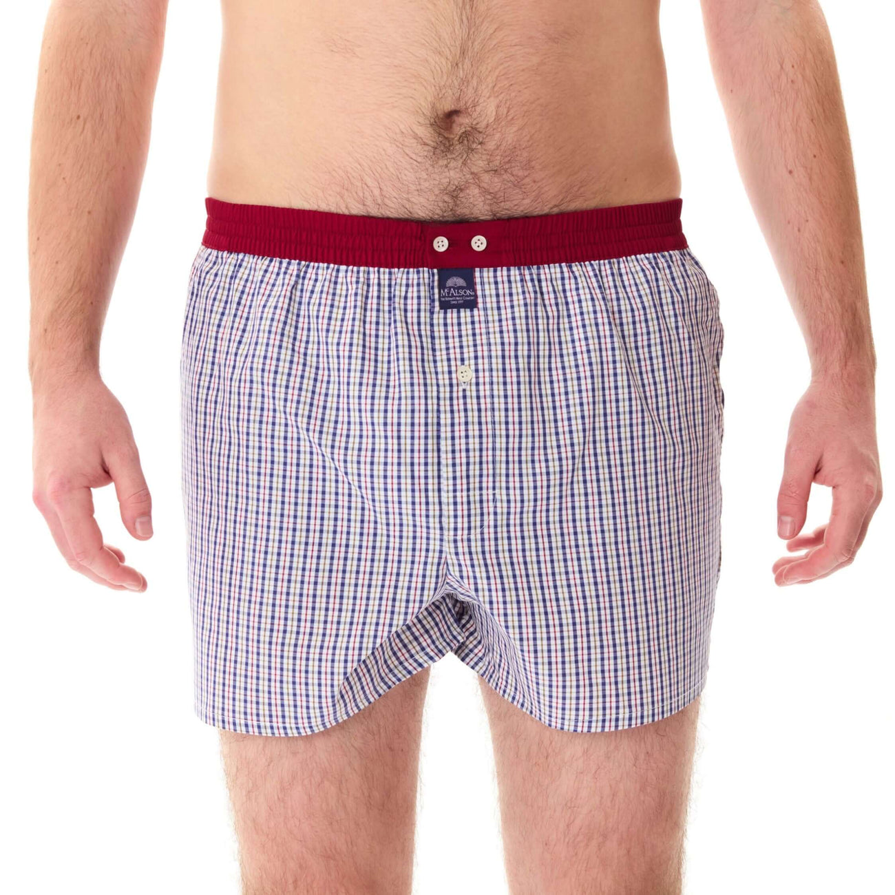 McAlson boxershort in navy en bordeaux, comfortabele pasvorm met streepjessprint, Amerikaanse stijl.