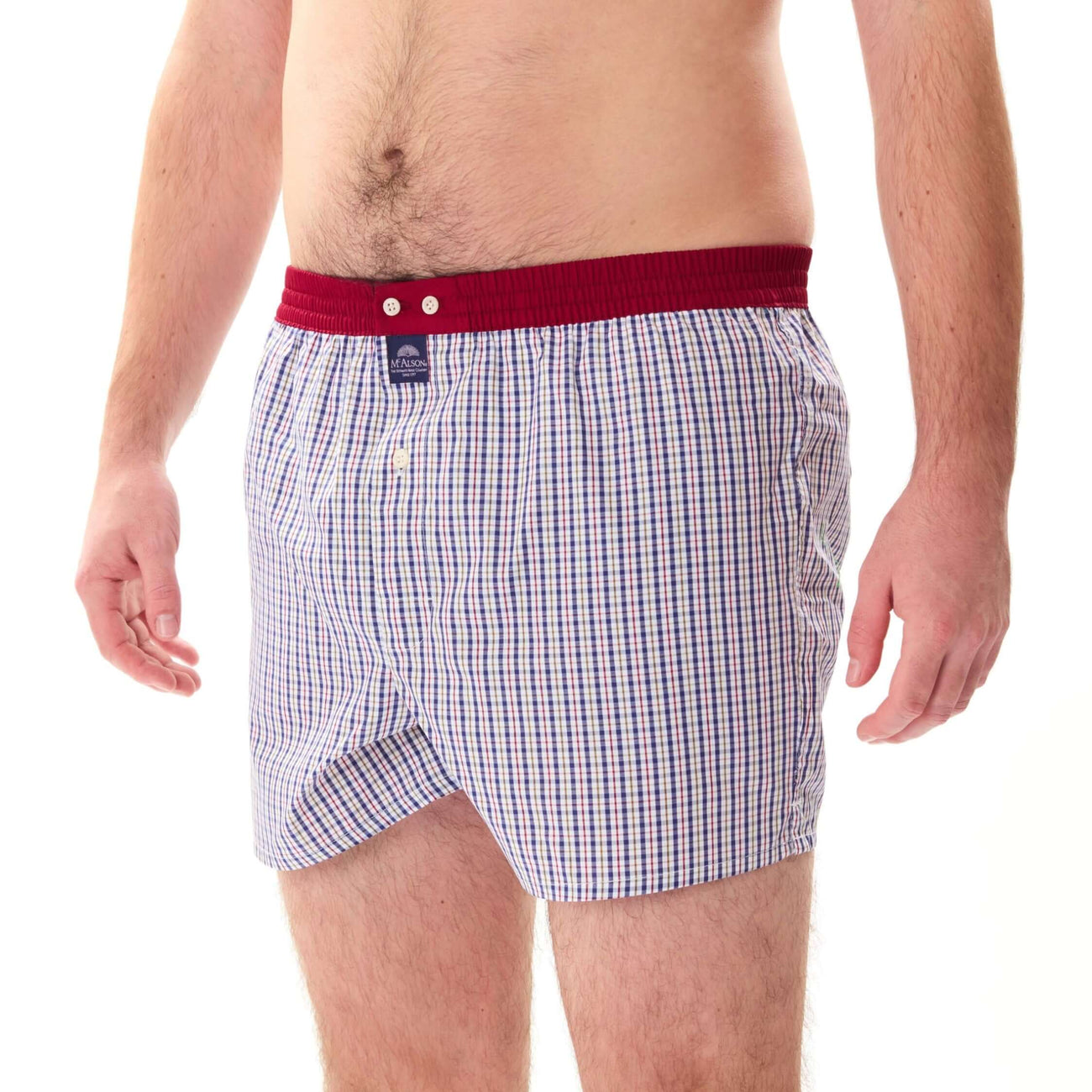 McAlsonBoxershort in blauw met streepjessprint en bordeaux boord, voor stijl en comfort in de herenmode.