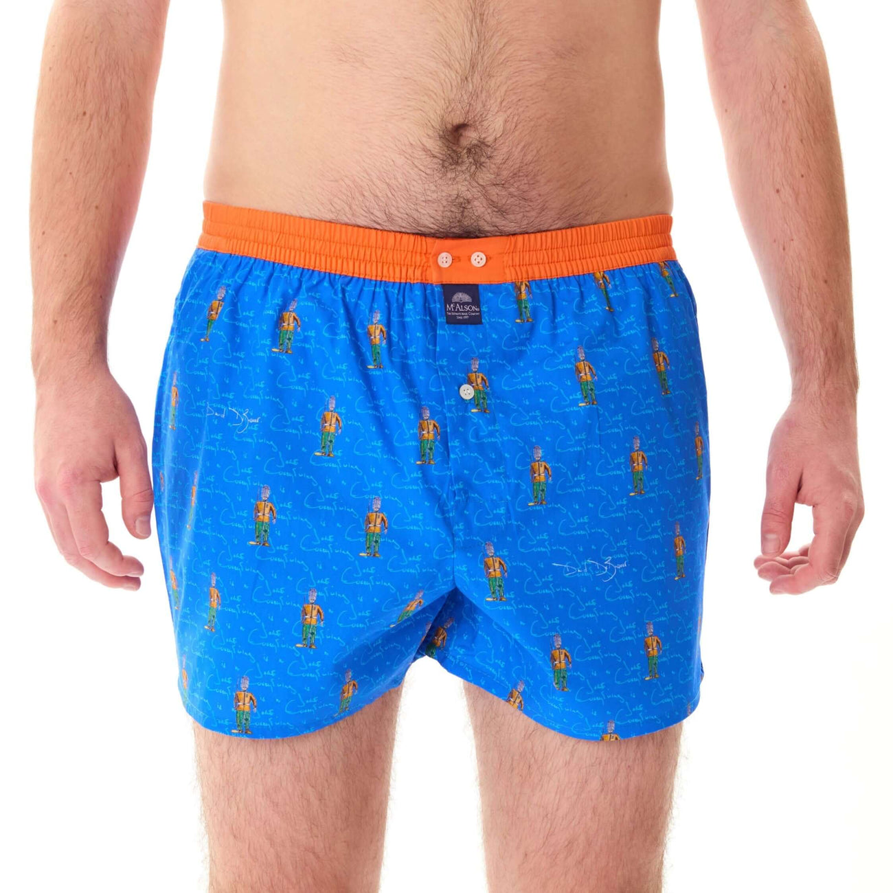 McAlson Boxershort met binnenbroek King's Guard blue M5269 voor heren in lichtblauw met oranje boord en print.