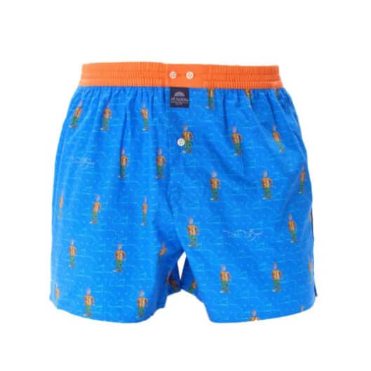 McAlson Boxershort met binnenbroek King's Guard blue M5269, lichtblauwe boxer met Kings Guardprint en oranje boord.