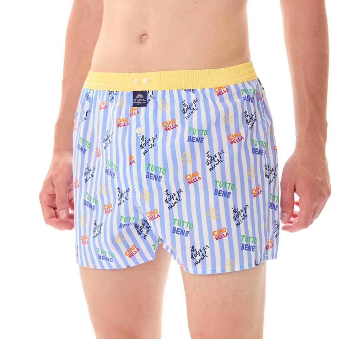 Mc Alson Boxershort met binnenbroek La Dolce Vita Light Blue M5352 blauw met Italiaanse print en gele boord.