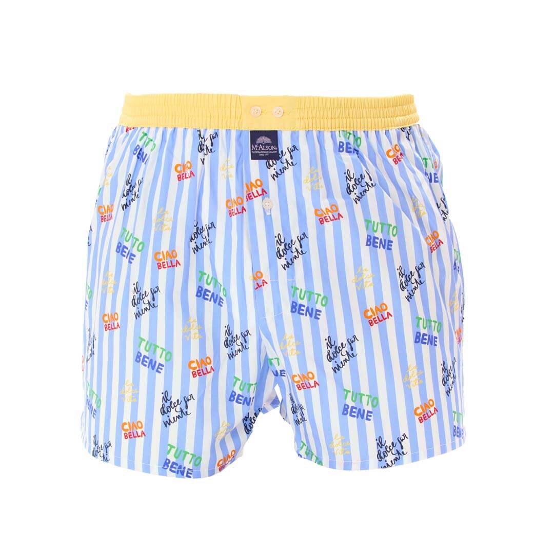 Mc Alson Boxershort met binnenbroek La Dolce Vita Light Blue M5352 blauw met Italiaanse print en gele boord.