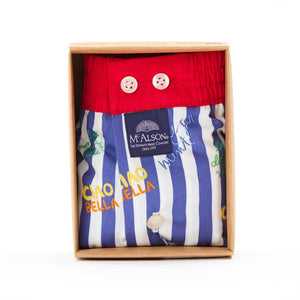 Mc Alson Boxershort met binnenbroek La Dolce Vita Navy M5351 marine verpakt in doos met rode boord en Italiaanse print.