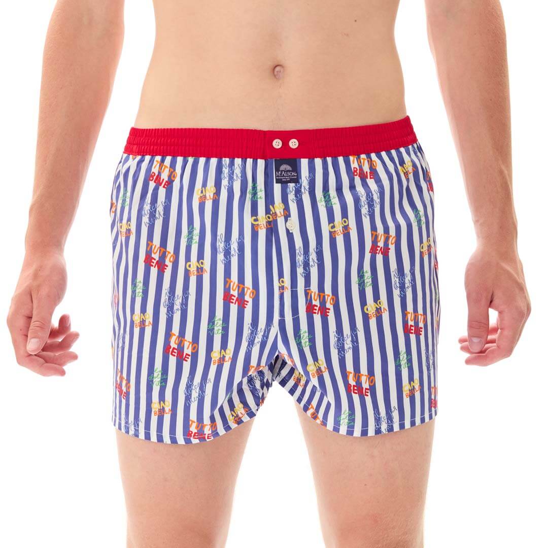 Mc Alson Boxershort met binnenbroek La Dolce Vita Navy M5351 marine, gestreept met Italiaanse print en rode boord.