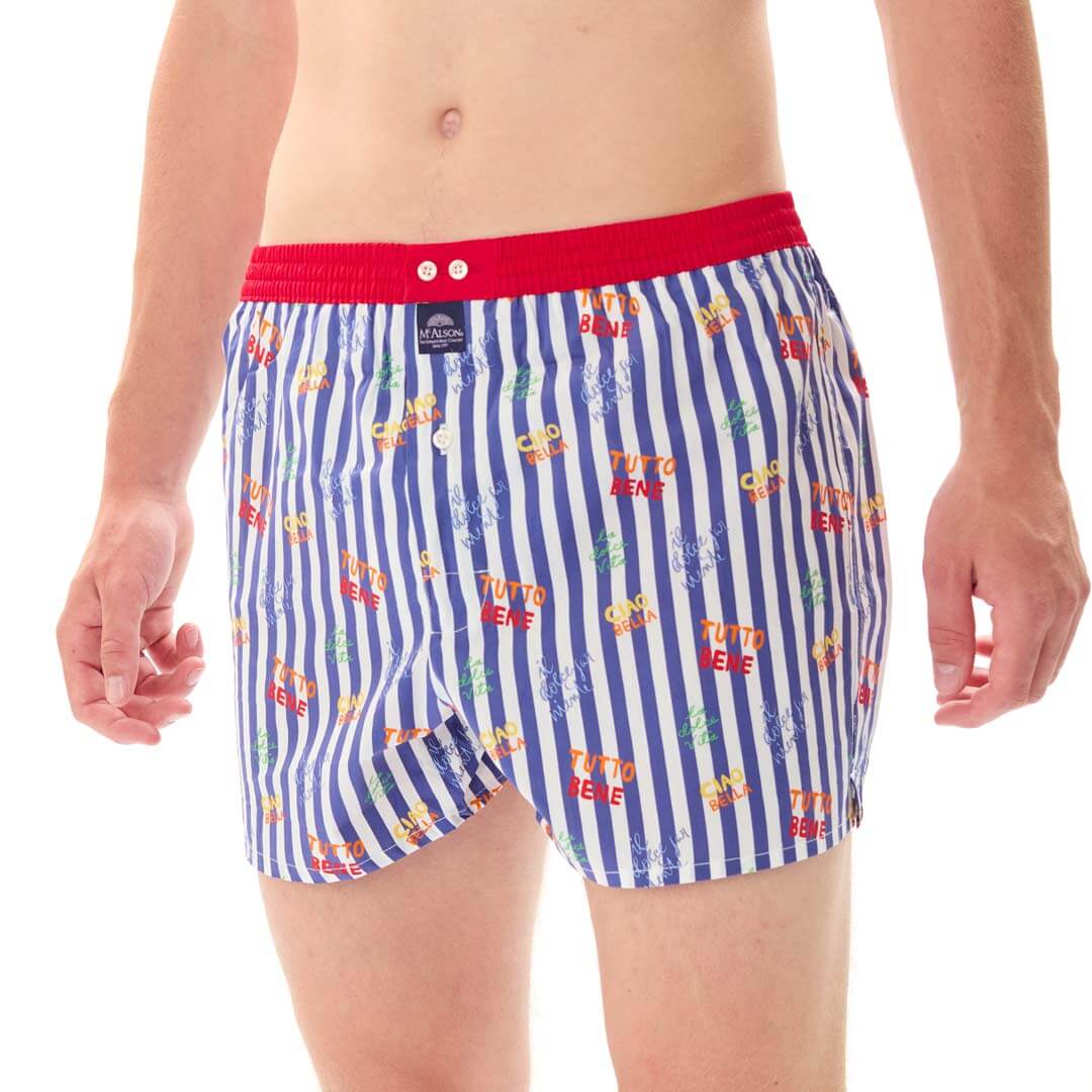 Mc Alson Boxershort met binnenbroek La Dolce Vita Navy M5351 marine met Italiaanse print en rode boord.