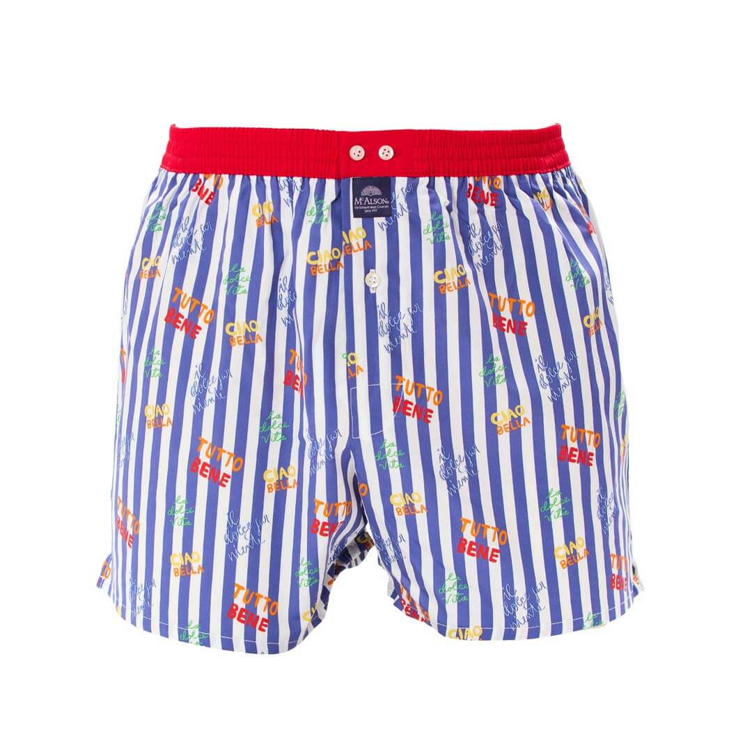 Mc Alson Boxershort met binnenbroek La Dolce Vita Navy M5351 marine met gestreepte Italiaanse print en rode boord.