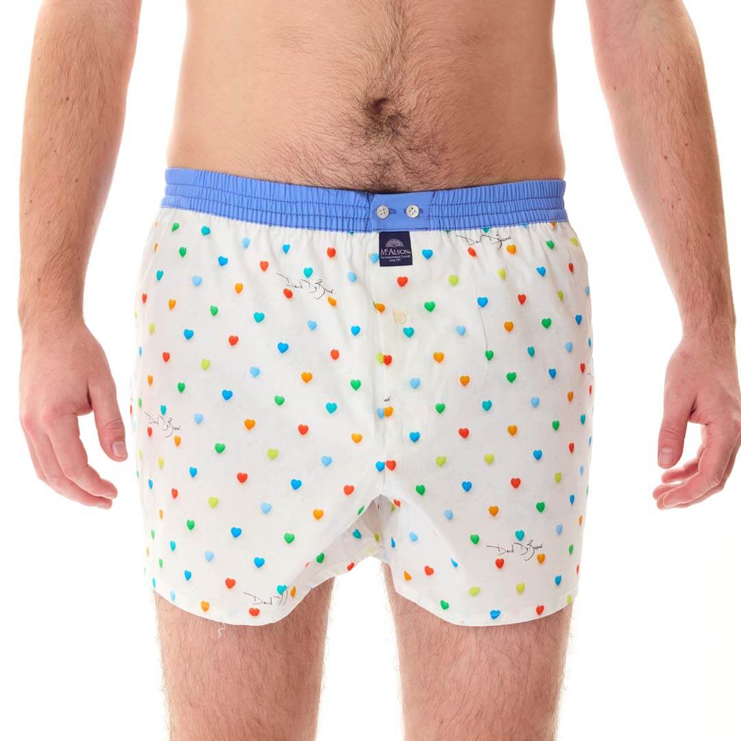 Witte boxershort met hartjesprint en lichtblauwe boord voor heren, model McAlson Love Stories M5182.