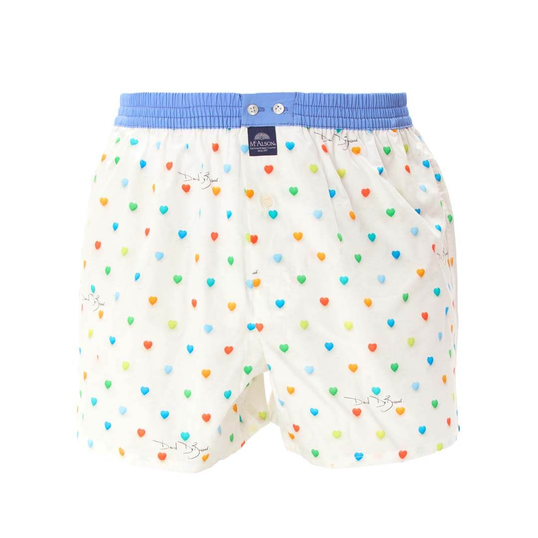 Witte boxershort met kleurrijke hartjesprint en lichtblauwe boord van McAlson voor stijl en comfort.