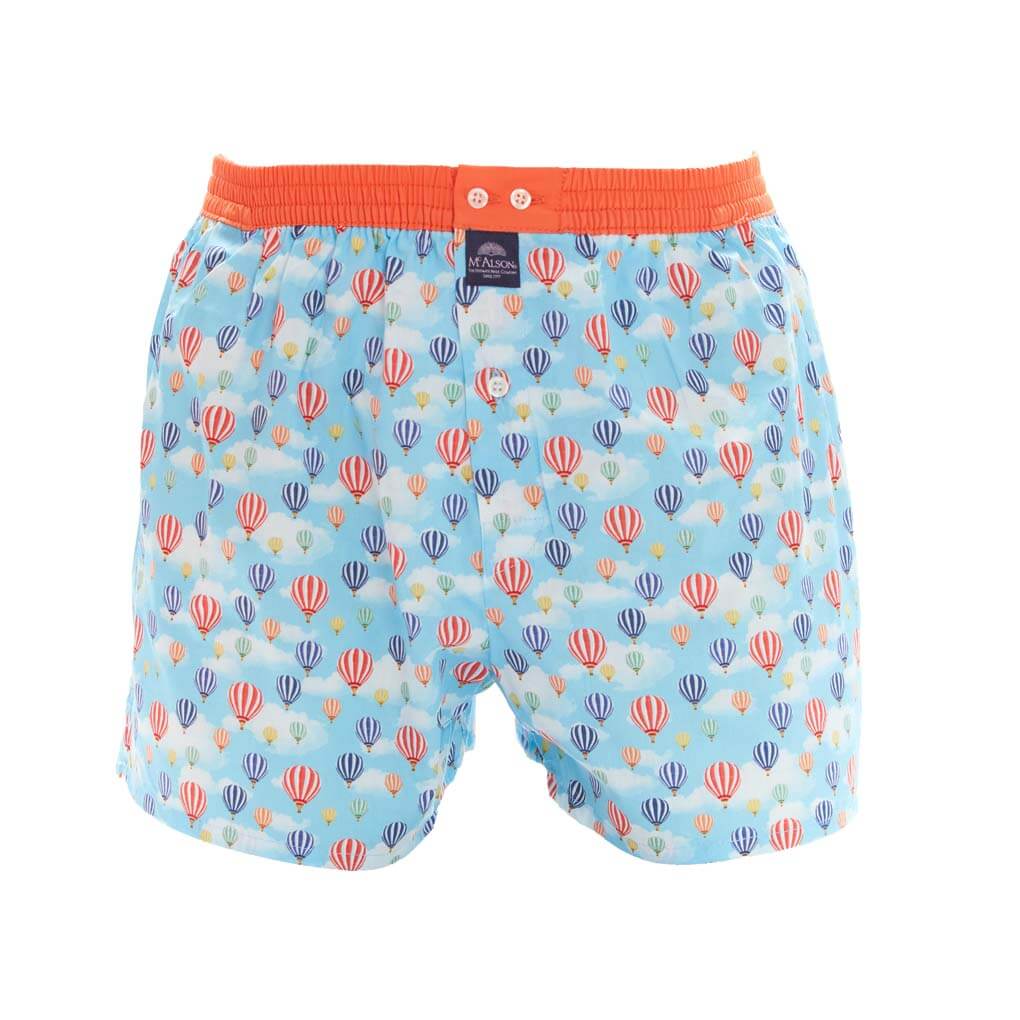 Mc Alson boxershort met luchtballonnen op blauwe achtergrond, voorzien van onzichtbaar intern steunsysteem.