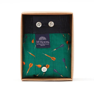 Mc Alson boxershort M5027 in doos, groene boxer met dartpijltjesprint en zwarte boord.