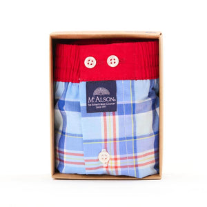 Mc Alson Boxershort met binnenbroek Madras Blue M5330 blauw verpakt in doos met ruitjesprint en rode boord.