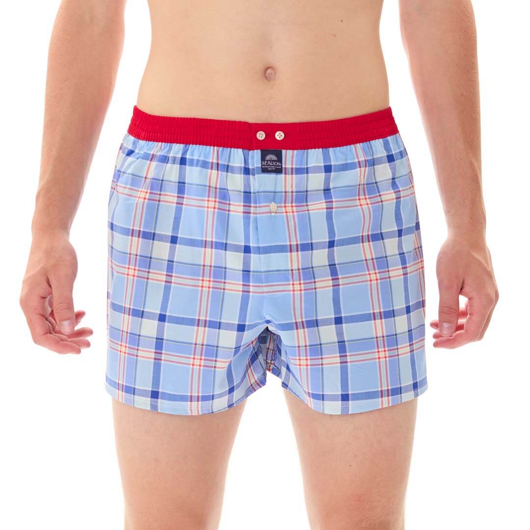 Mc Alson Boxershort met binnenbroek Madras Blue M5330 blauw, blauwe boxershort met ruitjesprint en rode boord.