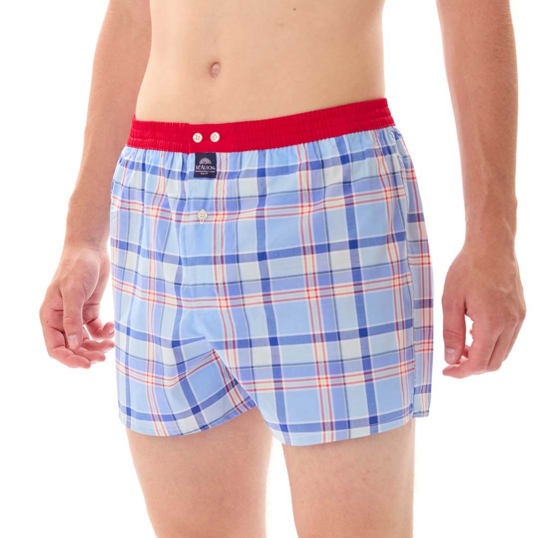 Mc Alson Boxershort met binnenbroek Madras Blue M5330 blauw met ruitjesprint en rode boord