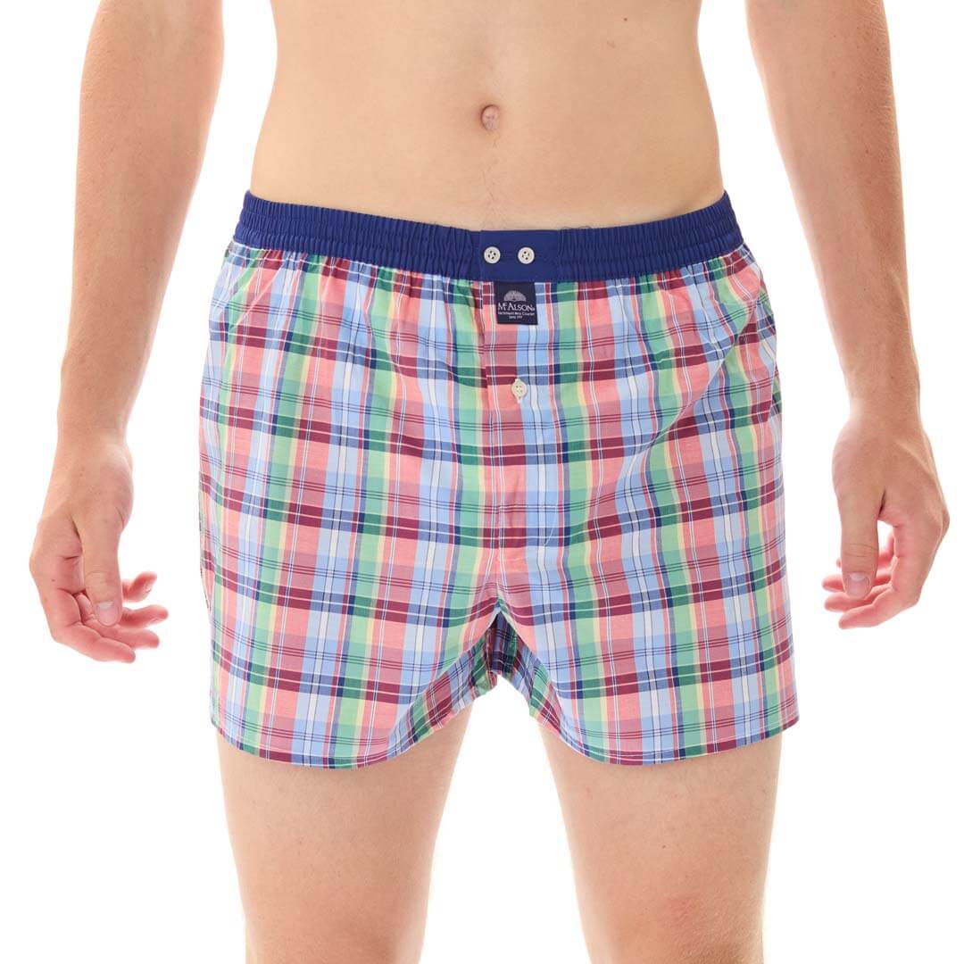 Mc Alson Boxershort met binnenbroek Madras Green, Red & Blue M5331 blauw voor heren, gekleurde plaid print, comfortabele pasvorm.