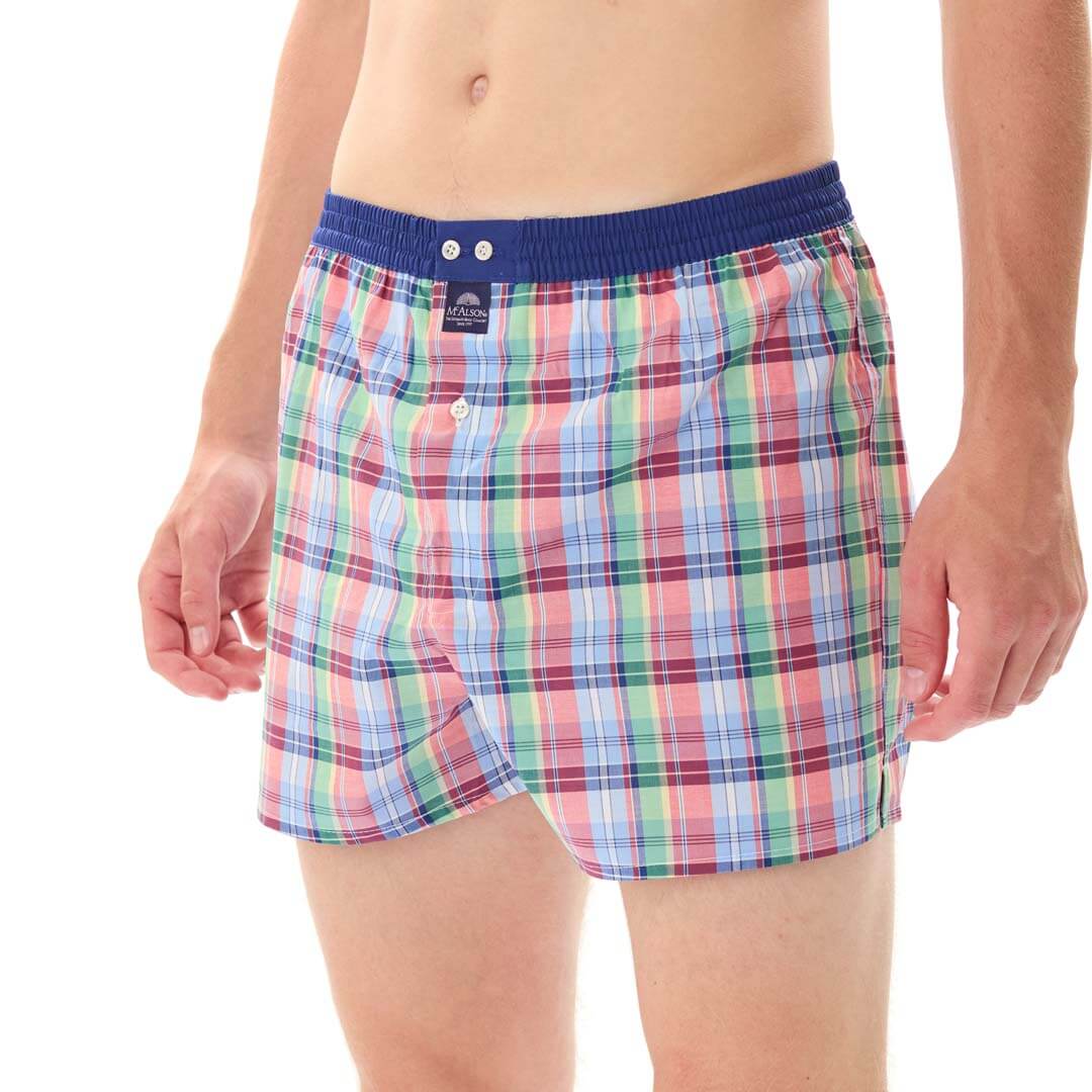 Mc Alson Boxershort met binnenbroek Madras Green, Red & Blue M5331 blauw in gestreepte print en blauwe boord.