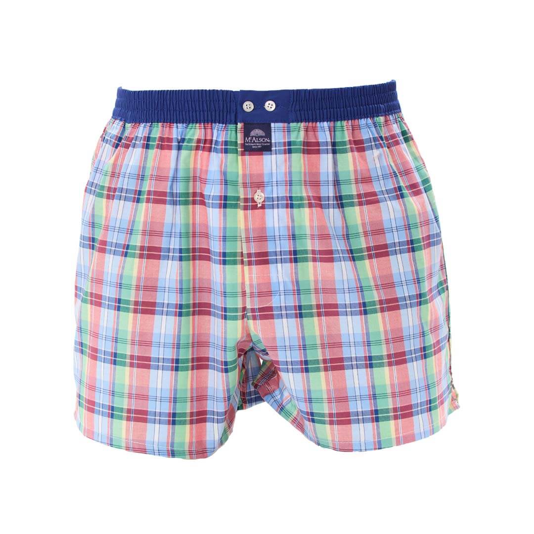 Mc Alson Boxershort met binnenbroek Madras Green, Red & Blue M5331 blauw met kleurrijke ruitjespatroon en blauwe tailleband.
