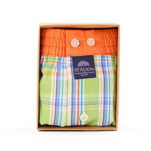Mc Alson Boxershort met binnenbroek Madras Green multi M5328 groen in verpakking met ruitjesprint en oranje boord.