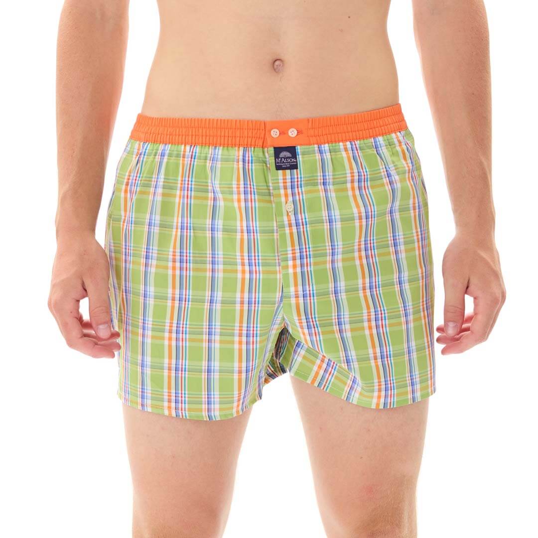 Mc Alson Boxershort met binnenbroek Madras Green multi M5328 groen, comfortabel, groene ruitjesprint met oranje boord
