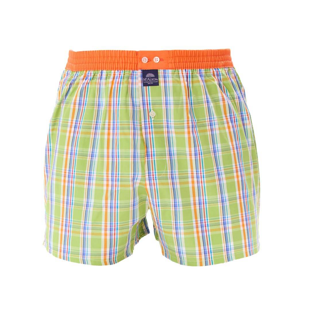 Mc Alson Boxershort met binnenbroek Madras Green multi M5328 groen met ruitjesprint en oranje boord.