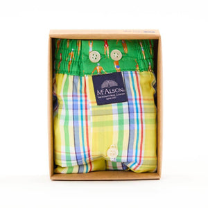 Mc Alson Boxershort met binnenbroek Madras Yellow multi M5326 geel in verpakking met ruitenprint en groene boord.