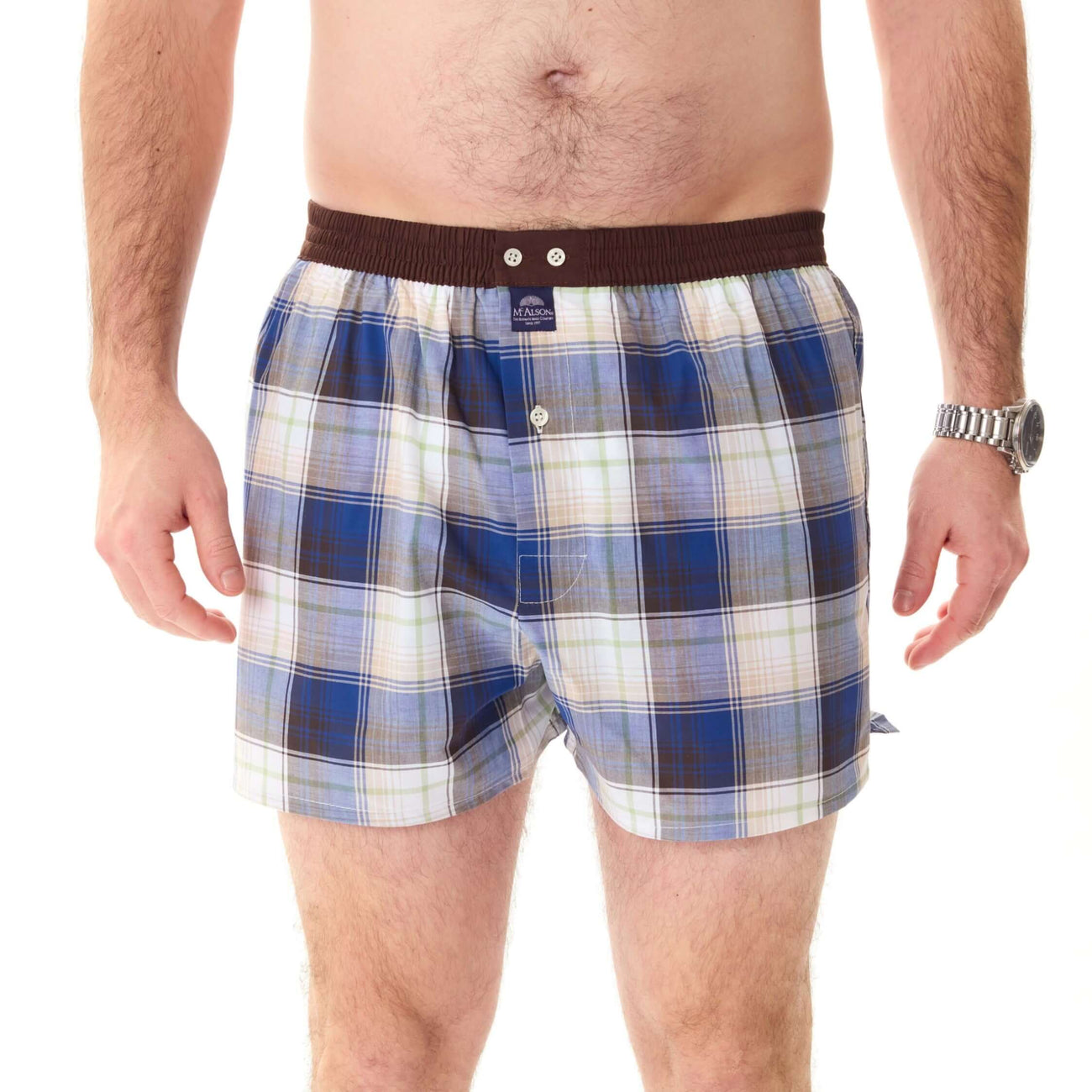 McAlson boxershort met ruitjesprint in blauw, wit en bruin, comfortabele pasvorm met donkerbruine boord.