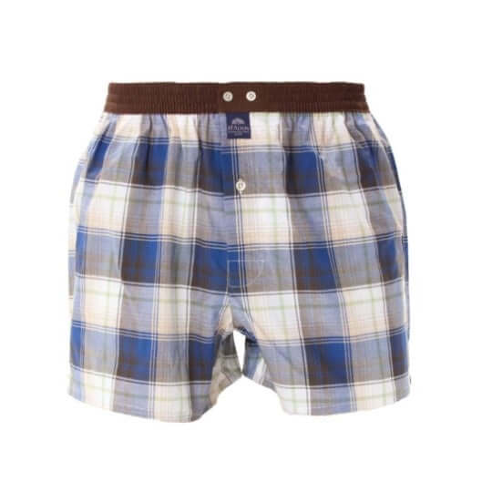 McAlson boxershort met ruitjesprint in blauw, groen en bruin, met donkerbruine boord voor stijl en comfort.