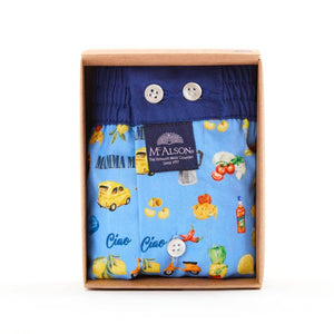 Mc Alson Boxershort met binnenbroek Mamma Mia Blue M5335 blauw in verpakkingsdoos met vrolijke Italiaanse print.