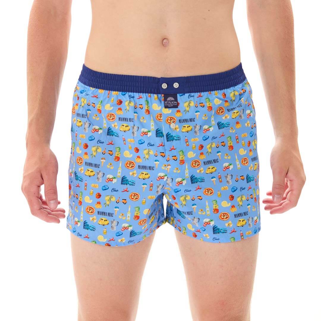 Mc Alson Boxershort met binnenbroek Mamma Mia Blue M5335 blauw met Italiaanse print en donkerblauwe boord.