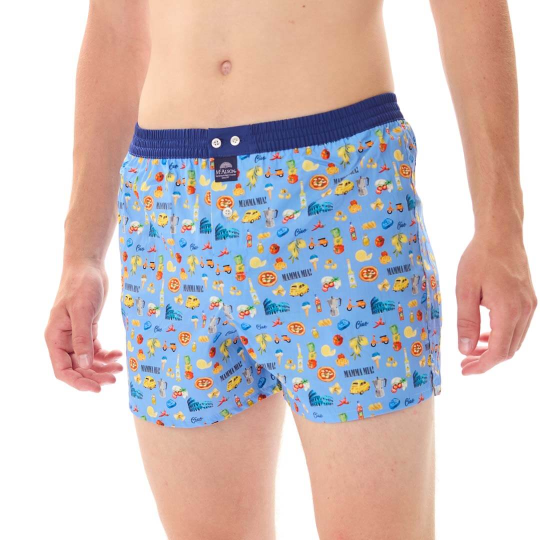 Mc Alson Boxershort met binnenbroek Mamma Mia Blue M5335 blauw, stijlvolle blue boxershort met Italiaanse print.