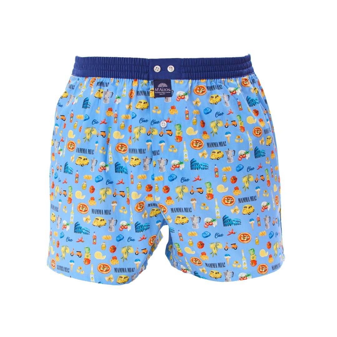 Mc Alson Boxershort met binnenbroek Mamma Mia Blue M5335 blauw met Italiaanse print en donkerblauwe boord.