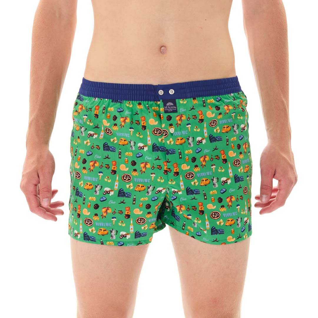 Mc Alson Boxershort met binnenbroek Mamma Mia Green M5337 groen, groene boxershort met Italiaanse print en blauwe boord.