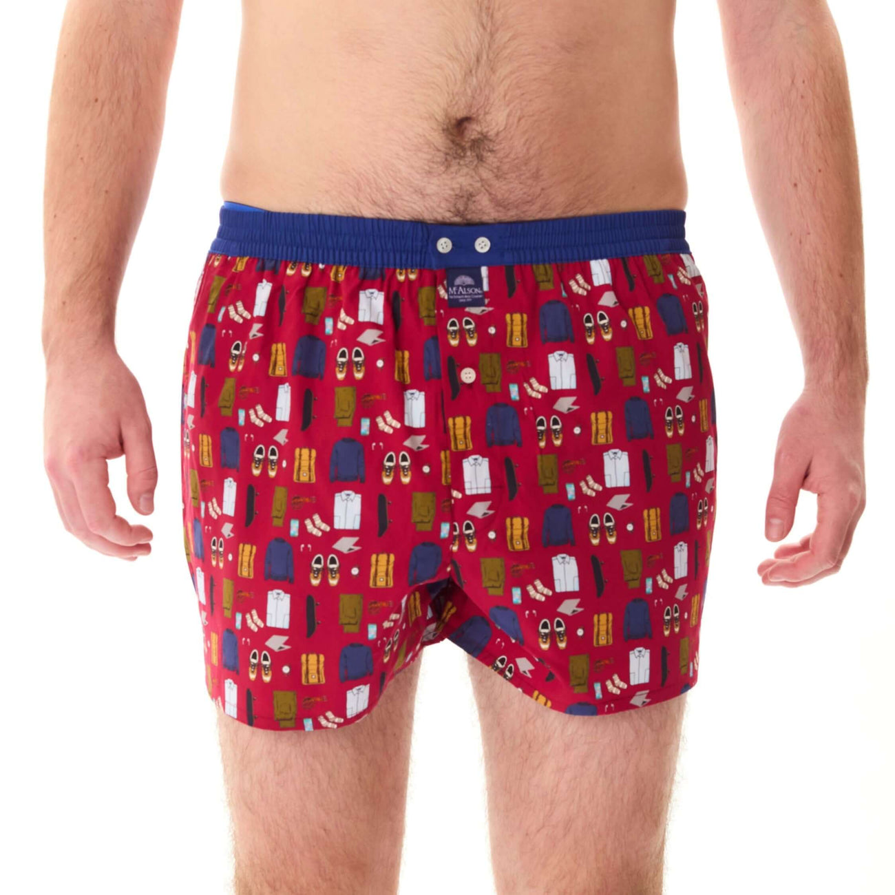 McAlson Boxershort met binnenbroek ModernMan Essentials burgund M5258, rode boxer met print en donkerblauwe boord.