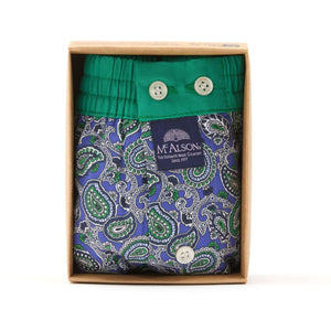 McAlson boxershort met paisleyprint in blauw en groen, verpakt in een doos, stijlvol en comfortabel.