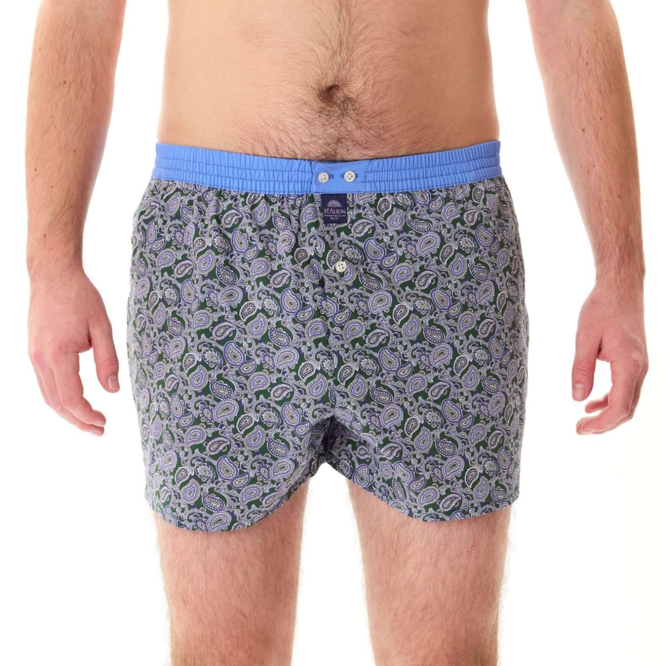 McAlson Boxershort met binnenbroek Paisley dark green & navy M5246 met paisleyprint en lichtblauwe boord.