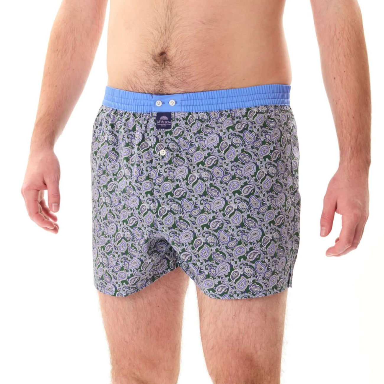McAlson Boxershort met binnenbroek Paisley dark green & navy M5246 in paisleyprint en lichtblauwe boord.