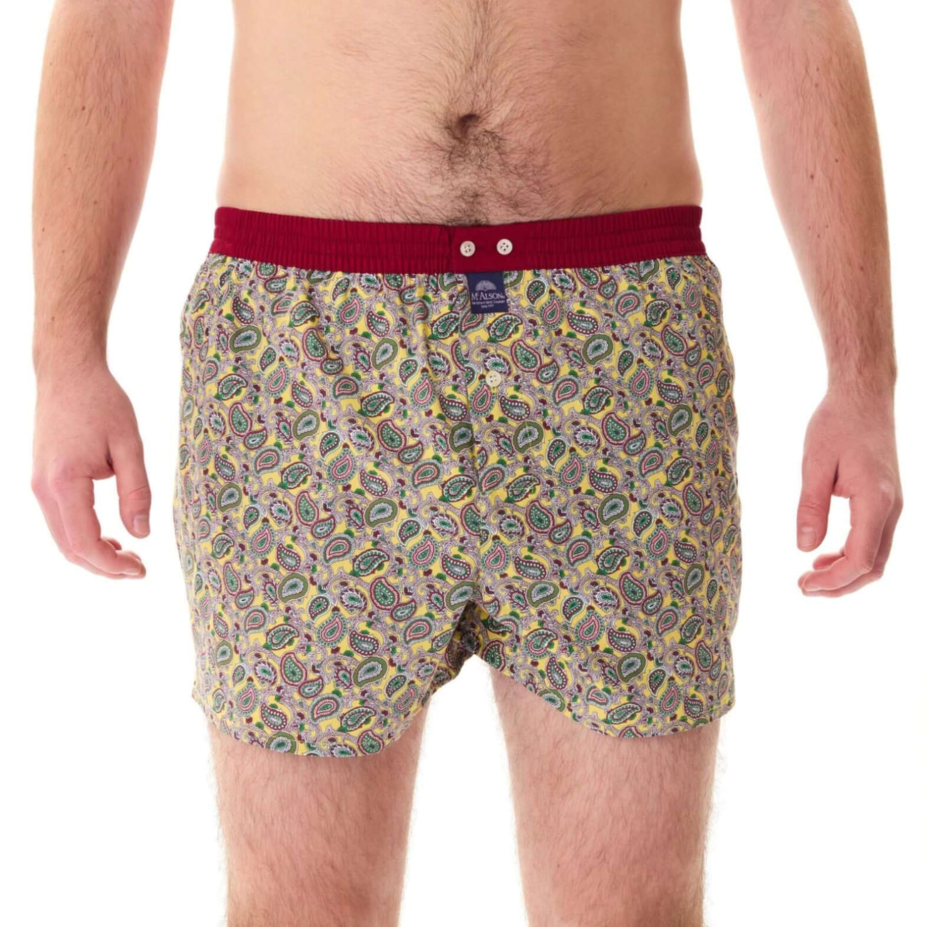 Gele wijde boxershort met paisleyprint en donkerrode boord, comfortabel met inside support.