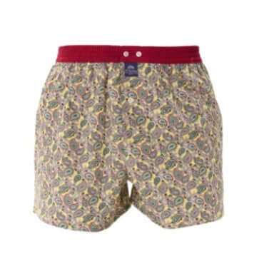 Gele paisley boxershort met donkerrode boord, stijlvol en comfortabel, met inside support systeem.