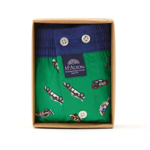 McAlson Boxershort met binnenbroek Racecar green M5253 in doos met raceautoprint en donkerblauwe boord.