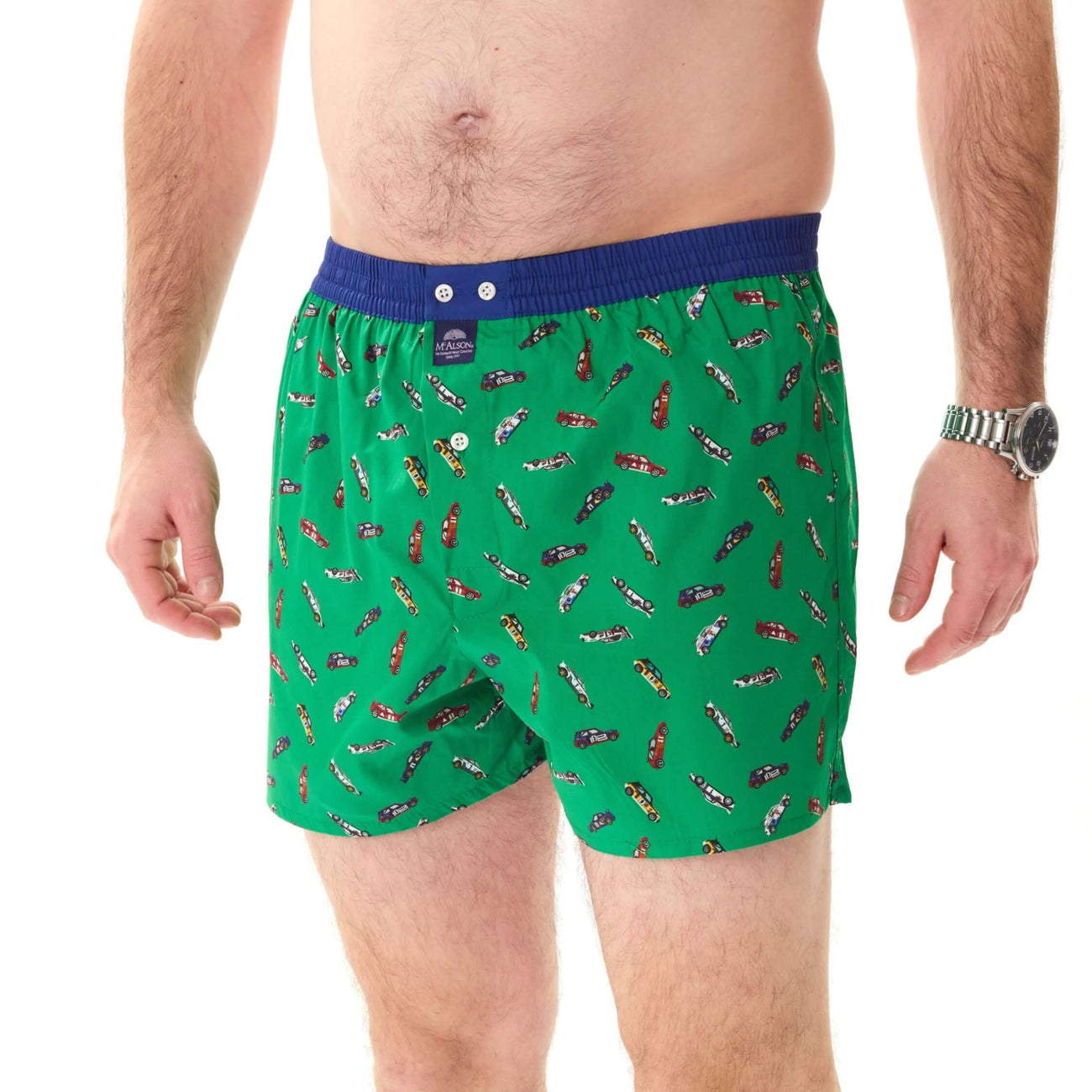 McAlson Boxershort met binnenbroek Racecar green M5253 in groene kleur met raceautoprint en donkerblauwe boord.