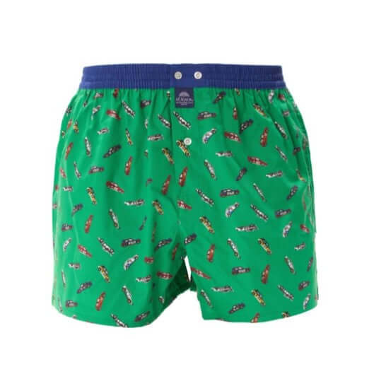 McAlson Boxershort met binnenbroek Racecar green M5253 met raceautoprint en donkerblauwe boord.