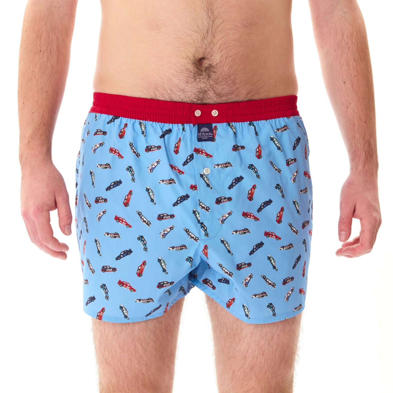 McAlson Boxershort met binnenbroek Racecar light blue M5254, blauwe boxershort met raceautoprint en rode boord.