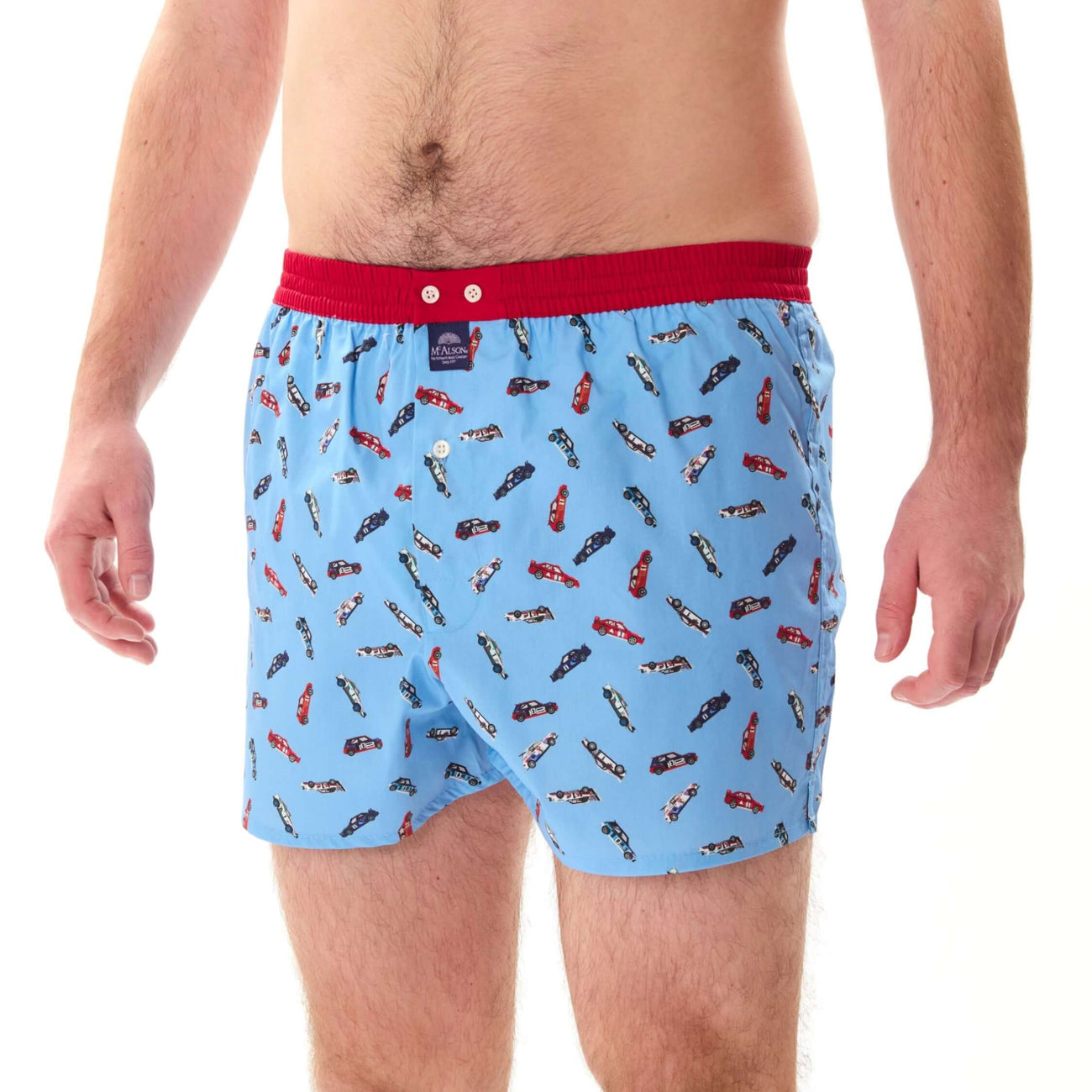 McAlson Boxershort met binnenbroek Racecar light blue M5254 met raceautoprint en rode boord.