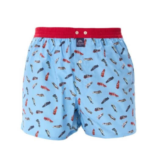 McAlson Boxershort met binnenbroek Racecar light blue M5254 met raceautoprint en rode boord.