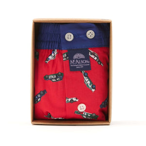 McAlson Boxershort met binnenbroek Racecar red M5255 in verpakking met raceauto-print en donkerblauwe boord.