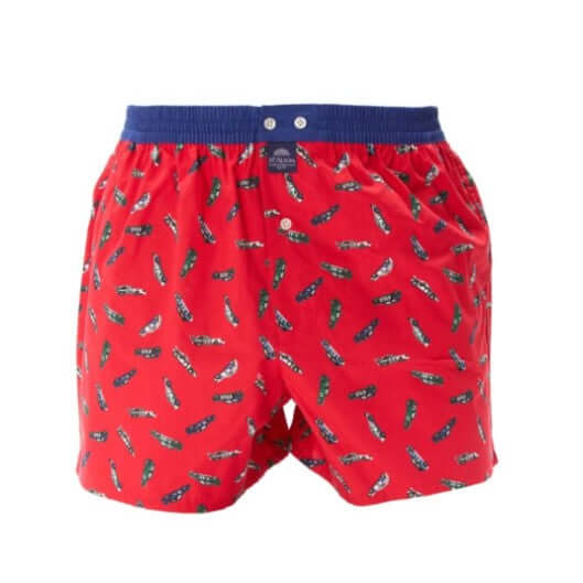 Mc Alson Boxershort met binnenbroek Racecar red M5255 in rode kleur met raceautoprint en donkerblauwe boord.